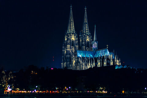 Gothic cathedral lit up at night